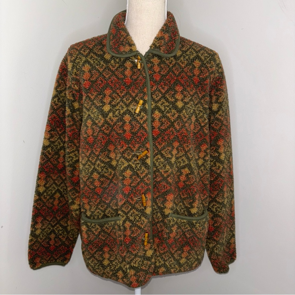 Orvis vintage fleece jacket w/ toggle buttons olive green, red, orange sz Medium